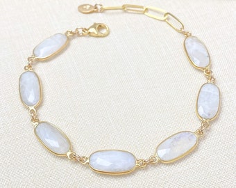 White Moonstone Bezel Link Bracelet in Gold Vermeil and Gold Fill - 7.5 Inches