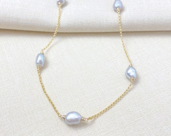 Gray Baroque Pearl Station Necklace in Gold Fill