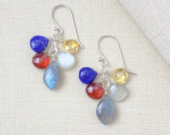 Colorful Multi Gemstone Briolette Drop Earrings in Sterling Silver