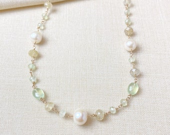 Green Prehnite Gemstone and Pearl Beaded Necklace in Gold Fill - 18 Inches + 2 Inch Extender