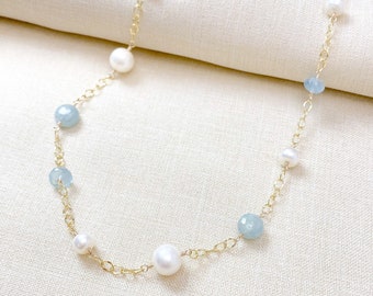 Gold Freshwater Pearl and Aquamarine Station Necklace 20 Inch - Bluffton Collection