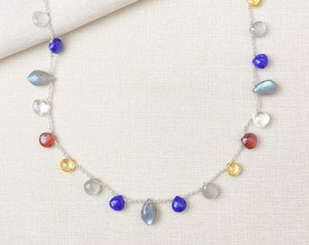 Colorful Multi Gemstone Briolette Station Necklace in Sterling Silver - 18 Inches + 2 Inch Extender