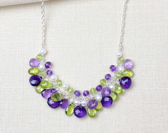 Amethyst Peridot Freshwater Pearl Gemstone Necklace in Sterling Silver - 18 Inch + 2.5 inch Extender