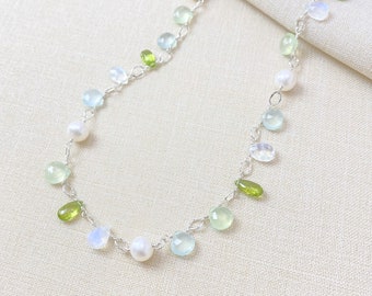 Limited Edition Green Multi Gemstone and Pearl Briolette Necklace in Sterling Silver