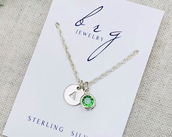 Sterling Silver May Birthstone Necklace with Initial Charm - Personalized Birthday Gifts for Teen Tween Girls