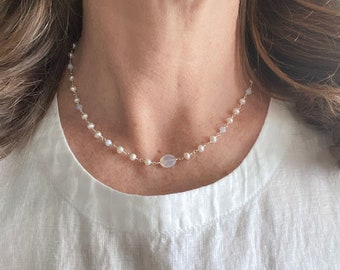 Delicate Pale Blue Gemstone and Pearl Necklace in Sterling Silver - Dockside Collection