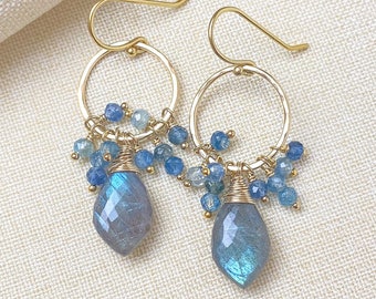 Labradorite Briolette and Kyanite Cluster Gemstone Drop Earrings on Hammered Gold Circles