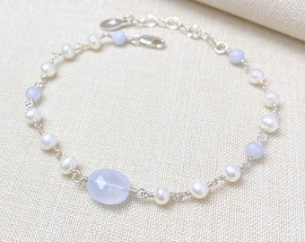 Delicate Pearl and Pale Blue Gemstone Beaded Bracelet in Sterling Silver - Dockside Collection