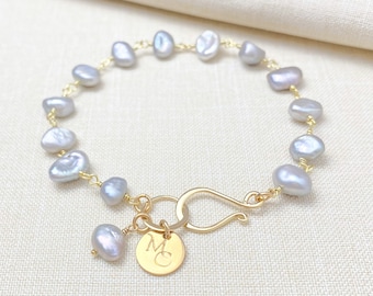 Gray Keshi Pearl Wire Wrapped Bracelet in Gold