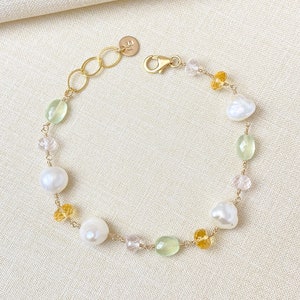 Baroque Pearl and Mixed Gemstone Bracelet in Gold Fill with Citrine, Rose Quartz, Prehnite 7 Inches 1 inch extender image 4