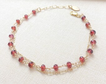 Gold January Birthstone Bracelet - Delicate Layered Garnet Beaded Bracelet - Birthday Gift for Women Teen Girls