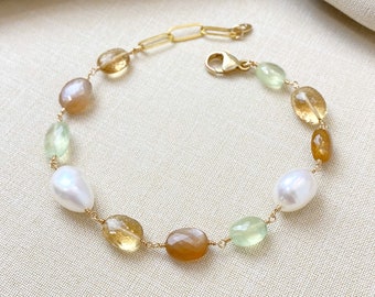 Mixed Gemstone Bracelet with Prehnite Golden Moonstone and Pearls in Gold Fill - 7 Inch + Extender