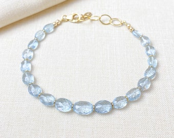 Blue Green Aquamarine Beaded Bracelet - March Birthstone Jewelry - Something Blue