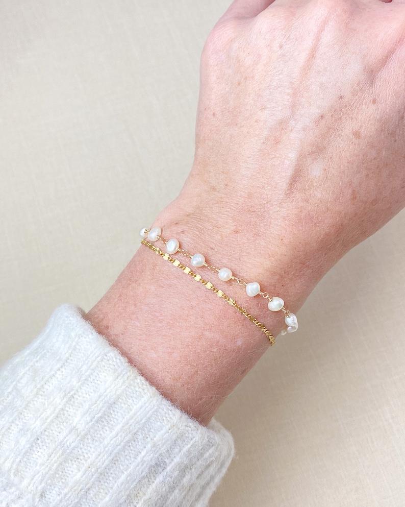 Delicate Layered Pearl and Gold Chain Bracelet 7 Inches 1 Inch Extender June Birthstone Jewelry image 2