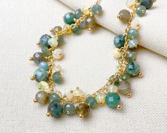 Gold Emerald and Opal Gemstone Beaded Charm Bracelet - 7 Inches + Extender