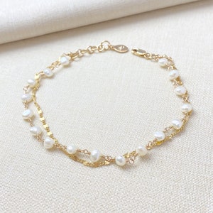 Delicate Layered Pearl and Gold Chain Bracelet 7 Inches 1 Inch Extender June Birthstone Jewelry image 4