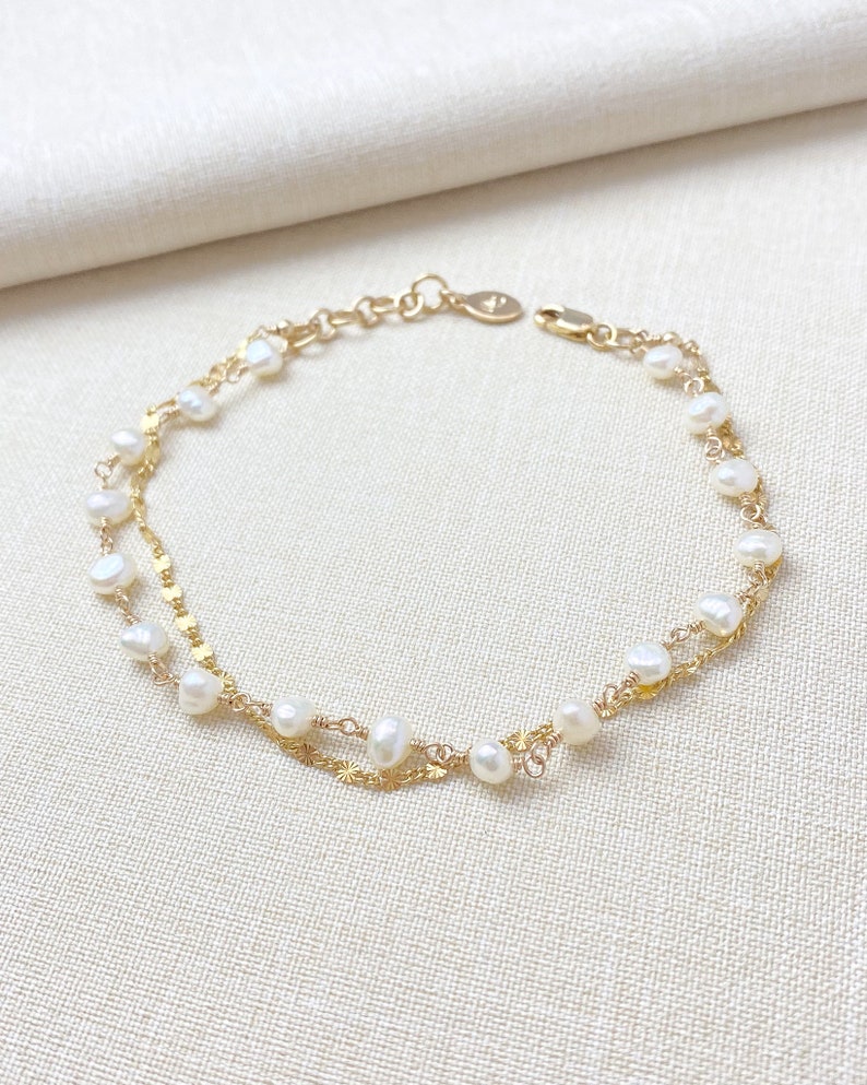 Delicate Layered Pearl and Gold Chain Bracelet 7 Inches 1 Inch Extender June Birthstone Jewelry image 4