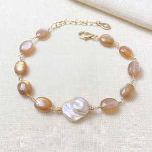 Baroque Pearl and Golden Moonstone Beaded Bracelet in Gold 7.5 Inch Extender Fall Jewelry image 7