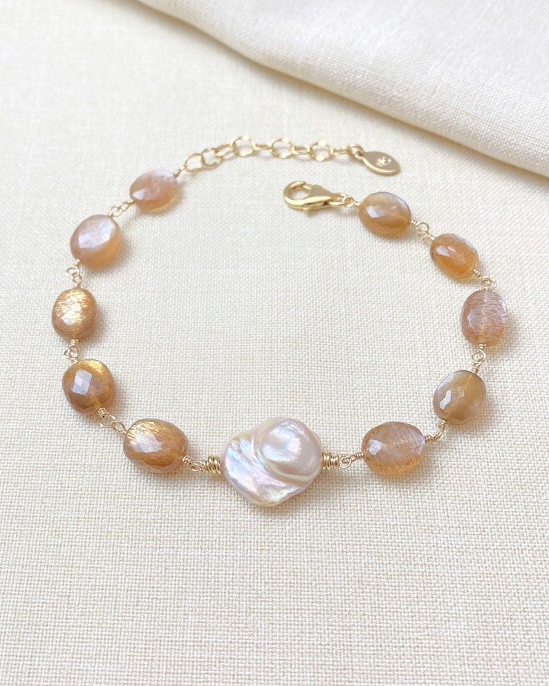 Baroque Pearl and Golden Moonstone Beaded Bracelet in Gold 7.5 Inch Extender Fall Jewelry image 7