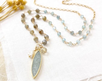 Long Beaded Pendant Necklace with Aquamarine Labradorite in Gold Fill - 32 inches - Fall Jewelry