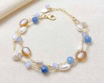 Gold Layered Blue Gemstone and Pearl Beaded Bracelet with Kyanite and Moonstone - 7 Inches plus Extender