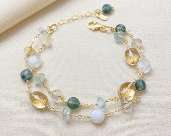 Multi-Layered Gold Bracelet with Green and Golden Colored Gemstones - 7 Inches plus Extender