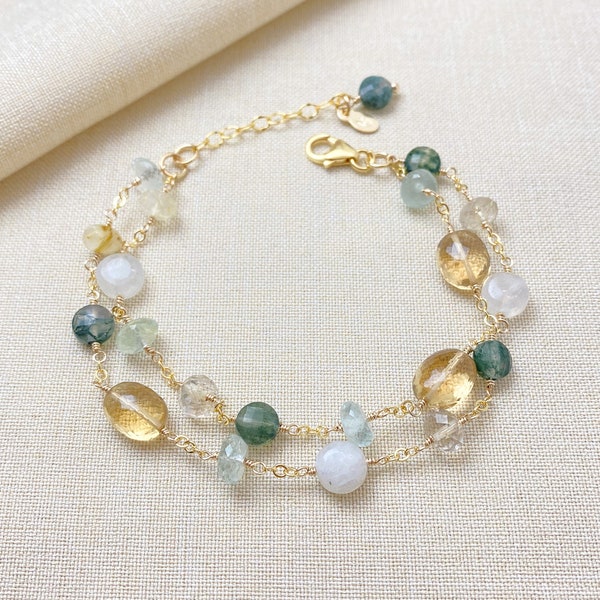 Multi-Layered Gold Bracelet with Green and Golden Colored Gemstones - 7 Inches plus Extender