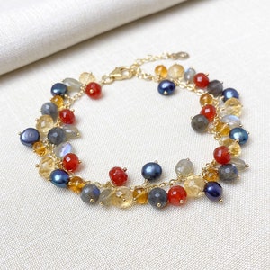 Gold Citrine and Labradorite Gemstone Beaded Charm Bracelet 7 Inches Extender Colorful Jewelry image 1