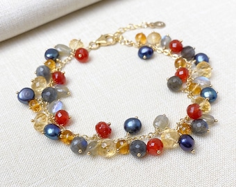 Gold Citrine and Labradorite Gemstone Beaded Charm Bracelet - 7 Inches + Extender - Colorful Jewelry