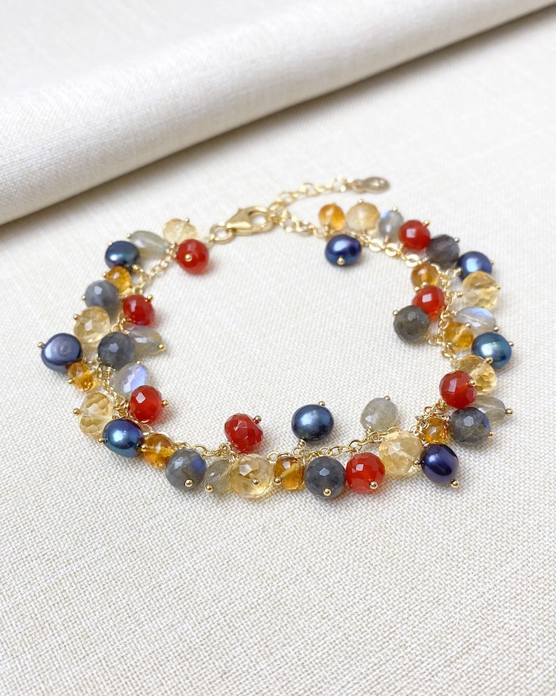 Gold Citrine and Labradorite Gemstone Beaded Charm Bracelet 7 Inches Extender Colorful Jewelry image 1