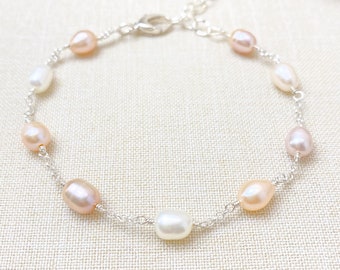 Sterling Silver Pink Pearl Station Bracelet - 7.5 Inches
