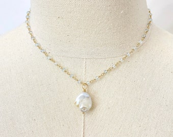 Large Baroque Pearl Pendant on Blue Aquamarine Gemstone Chain in Gold Fill - 16 Inches plus extender