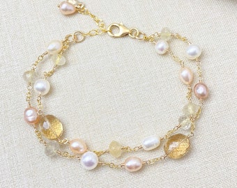 Gold Layered Gemstone and Pearl Bracelet in Pale Pink and Golden Neutral Colors - Gifts for Mom