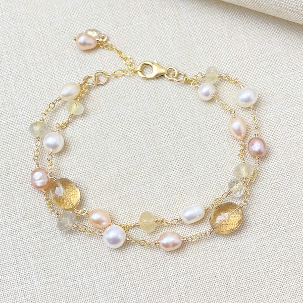 Gold Layered Gemstone and Pearl Bracelet in Pale Pink and Golden Neutral Colors - Gifts for Mom