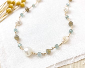 Pearl Apatite Golden Labradorite Gemstone Beaded Necklace in Gold Fill - 16 Inch + 2 Inch Extender