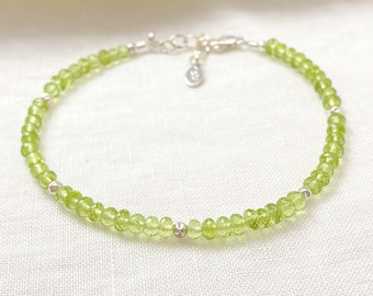 Peridot Beaded Bracelet in Sterling Silver - August Birthstone Jewelry - 7.25 Inches Adjustable