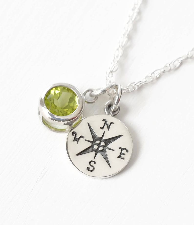 Sterling Silver Compass Necklace With Birthstone Etsy