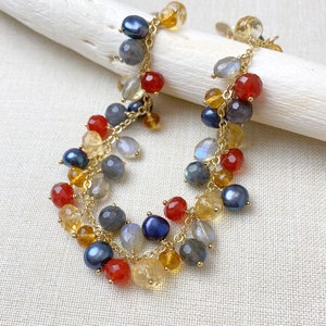 Gold Citrine and Labradorite Gemstone Beaded Charm Bracelet 7 Inches Extender Colorful Jewelry image 8