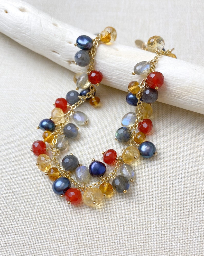 Gold Citrine and Labradorite Gemstone Beaded Charm Bracelet 7 Inches Extender Colorful Jewelry image 8