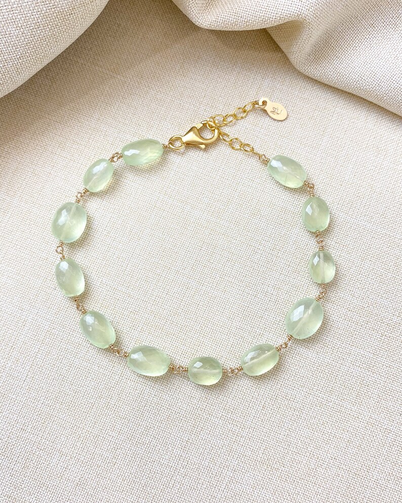 Green Prehnite Gemstone Bracelet Wire Wrapped in Gold Fill 7 Inches Extender image 5