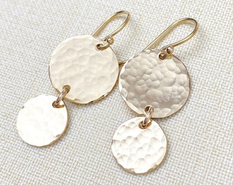 Sunbury Gold Hammered Double Disc Drop Earrings - Everyday Jewelry for Women