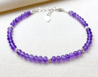 Sterling Silver Amethyst Beaded Bracelet for Women - February Birthstone Jewelry - 7.25 Inches Adjustable