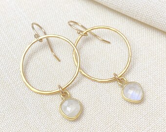 Gold Rainbow Moonstone Hammered Circle Drop Earrings