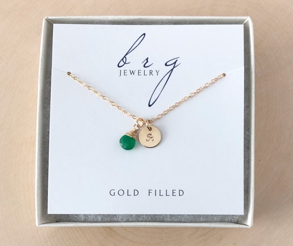 Small Gold Initial Necklace With May Birthstone / Personalized | Etsy