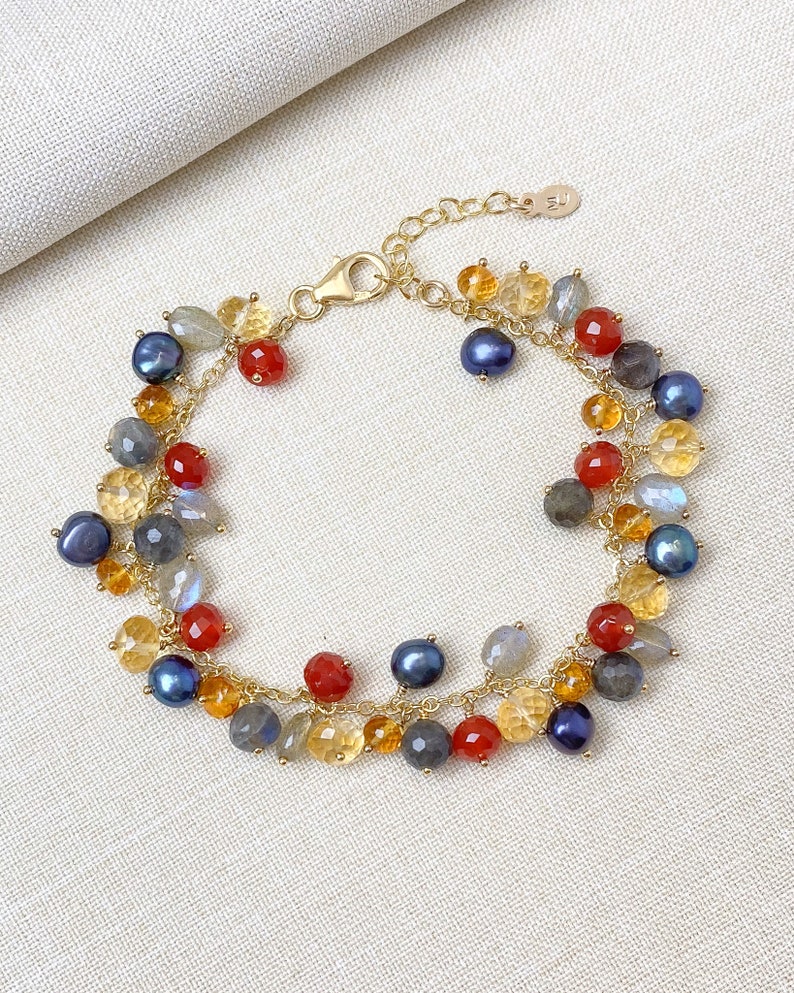 Gold Citrine and Labradorite Gemstone Beaded Charm Bracelet 7 Inches Extender Colorful Jewelry image 7