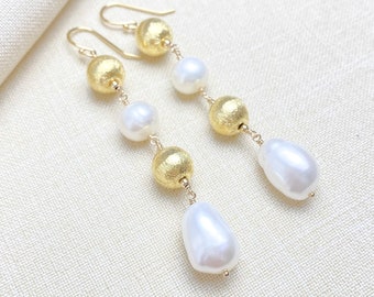 Freshwater Pearl and Gold Brushed Beaded Drop Earrings - Party Jewelry