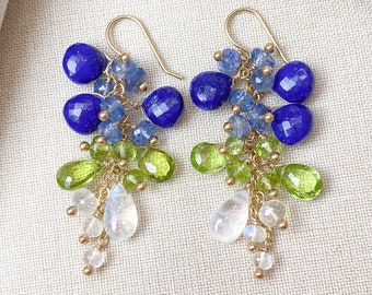 Lapis Peridot Rainbow Moonstone Cluster Drop Earrings in Gold Fill - Colorful Jewelry for Women