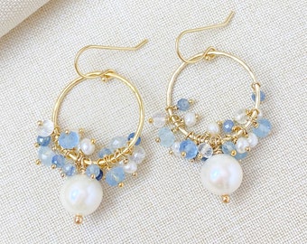 Blue Gemstone and Pearl Cluster Earrings - Beaded Gold Circles with Aquamarine Rainbow Moonstone Kyanite