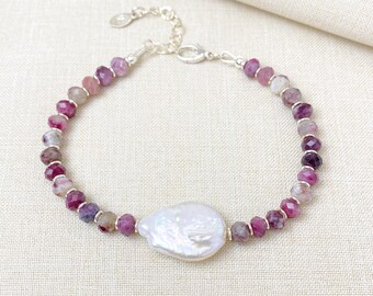 Rubellite Tourmaline and Pearl Beaded Bracelet in Sterling Silver - 8 Inch