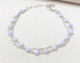 Delicate Periwinkle Blue Gemstone and Sterling Silver Chain Layered Bracelet - Dockside Collection